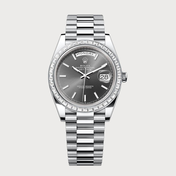 Rolex Day-Date 40 Rhodium Dial & Baguette Diamond Bezel In Platinum