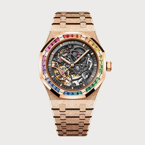 Audemars Piguet Royal Oak 41 Double Balance Wheel Openworked In Frosted Rose Gold With Rainbow Sapphire Bezel