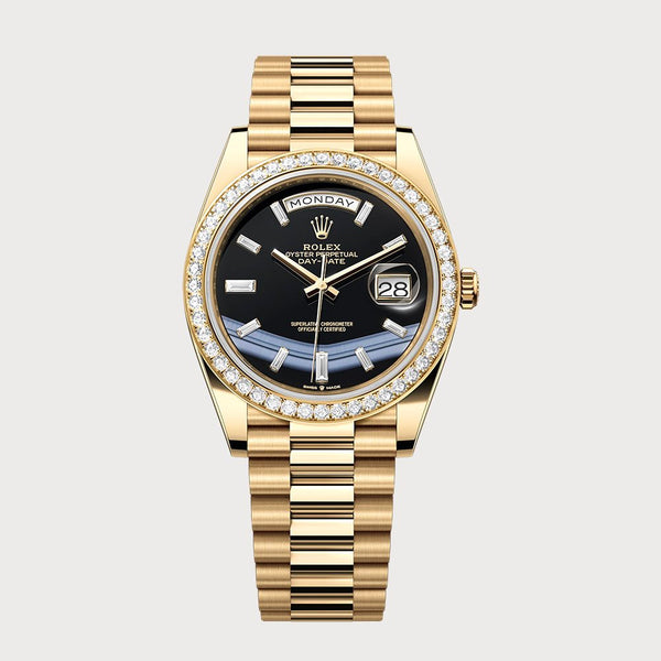 Rolex Day-Date 40 Onyx Baguette Diamond Dial & Diamond Set Bezel In Yellow Gold