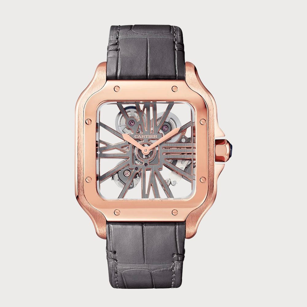 Cartier Santos Skeleton In Rose Gold On A Leather Strap