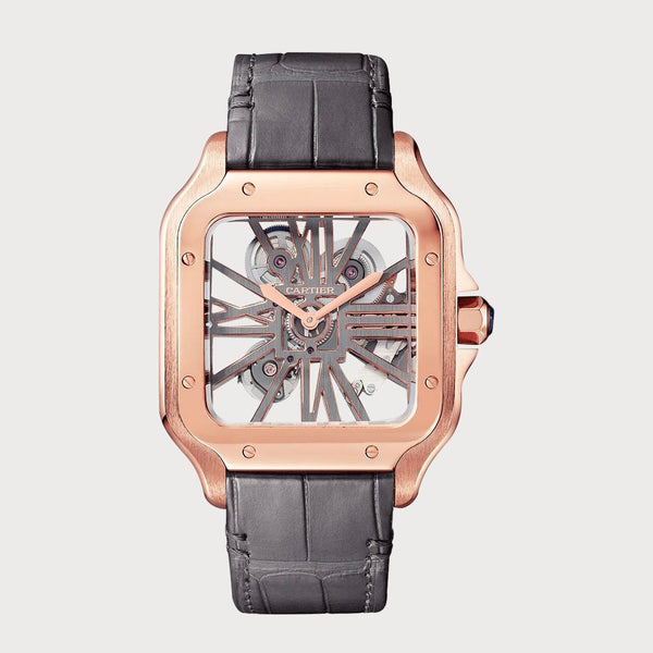 Cartier Santos Skeleton In Rose Gold On A Leather Strap