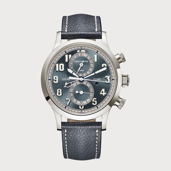 Patek Philippe Calatrava Pilot Travel Time Chronograph With Blue Dial In White Gold