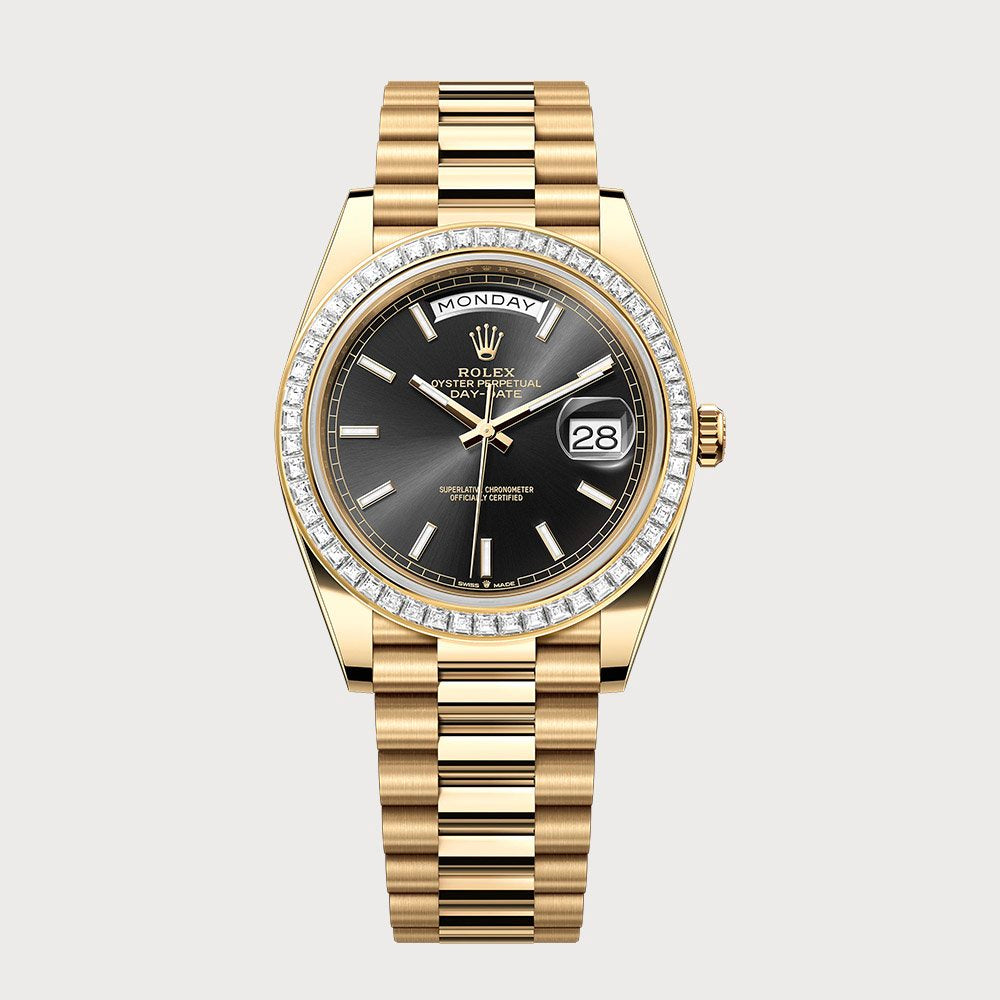 Rolex Day-Date 40 Black Dial With Baguette Diamond Bezel In Yellow Gold