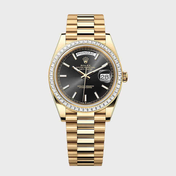 Rolex Day-Date 40 Black Dial With Baguette Diamond Bezel In Yellow Gold