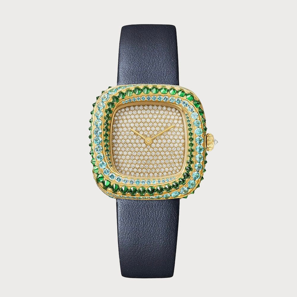 Cartier Coussin Medium With Diamonds, Tourmalines & Tsavorites In Yellow Gold