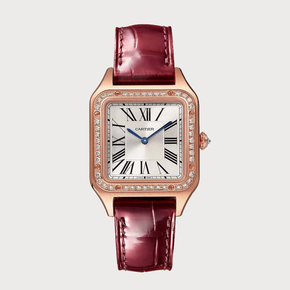 Cartier Santos Dumont Small, Diamond Set In Rose Gold On A Leather Strap