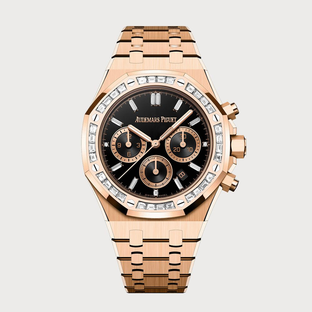 Audemars Piguet Royal Oak 38 Chronograph In Rose Gold With Black Dial & Baguette Diamond Set Bezel