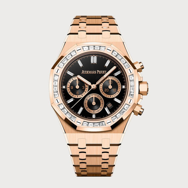 Audemars Piguet Royal Oak 38 Chronograph In Rose Gold With Black Dial & Baguette Diamond Set Bezel