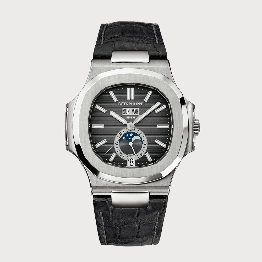 Patek Philippe Nautilus Annual Calendar Moon Phases With Grey Dial In Stainless Steel On A Leather Strap