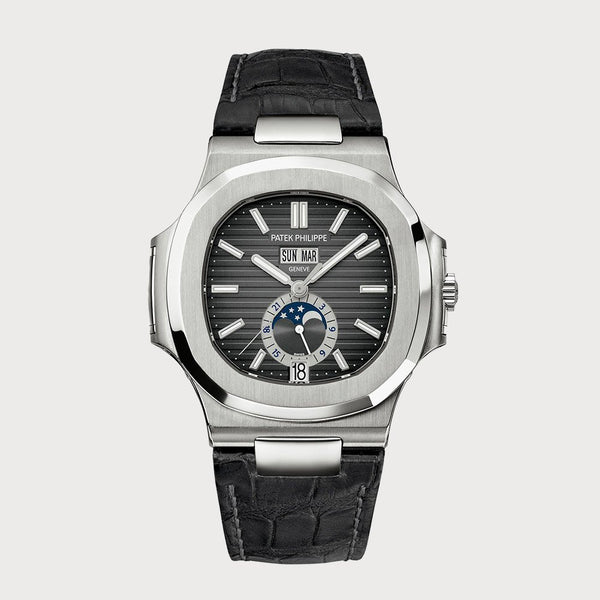 Patek Philippe Nautilus Annual Calendar Moon Phases With Grey Dial In Stainless Steel On A Leather Strap