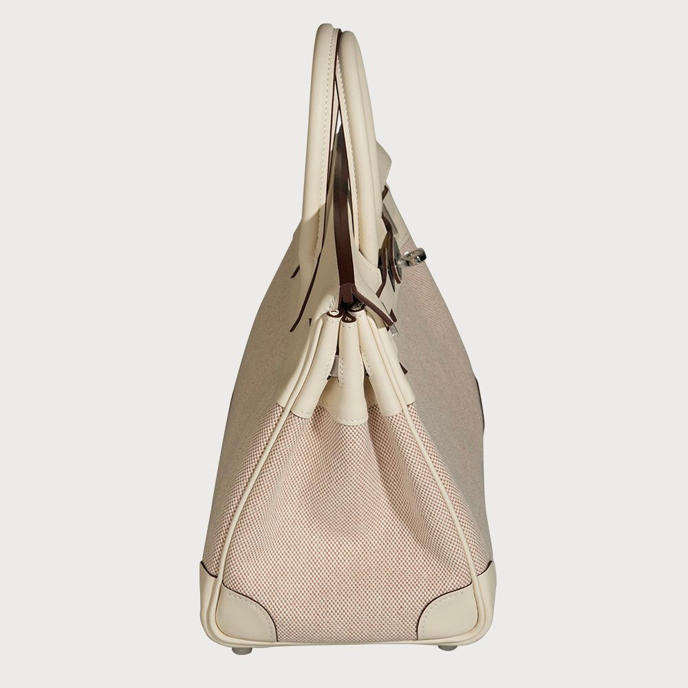 Hermès Hermes Birkin 25 Ecru-Beige & Nata With Palladium Hardware In Toile And Swift Leather - view 14
