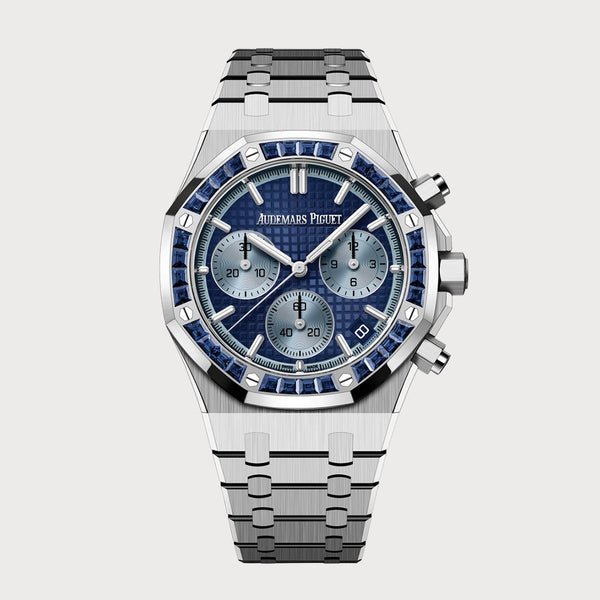 Audemars Piguet Royal Oak 41 Chronograph In White Gold With A Blue Dial And Blue Sapphire Set Bezel