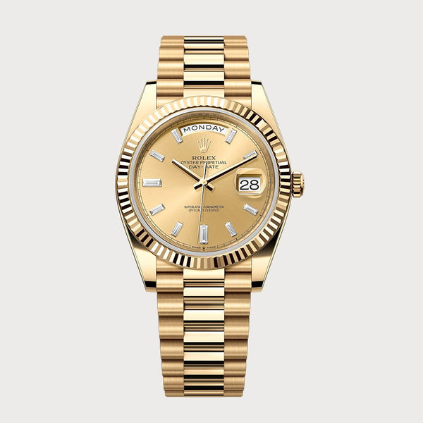 Rolex Day-Date 40 Champagne Baguette-Cut Diamond Dial In Yellow Gold