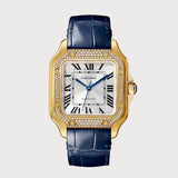 Santos Medium Diamond Set In Yellow Gold On A Leather Strap