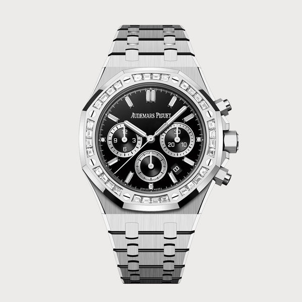 Audemars Piguet Royal Oak 38 Chronograph In White Gold With Black Dial & Baguette Diamond Set Bezel