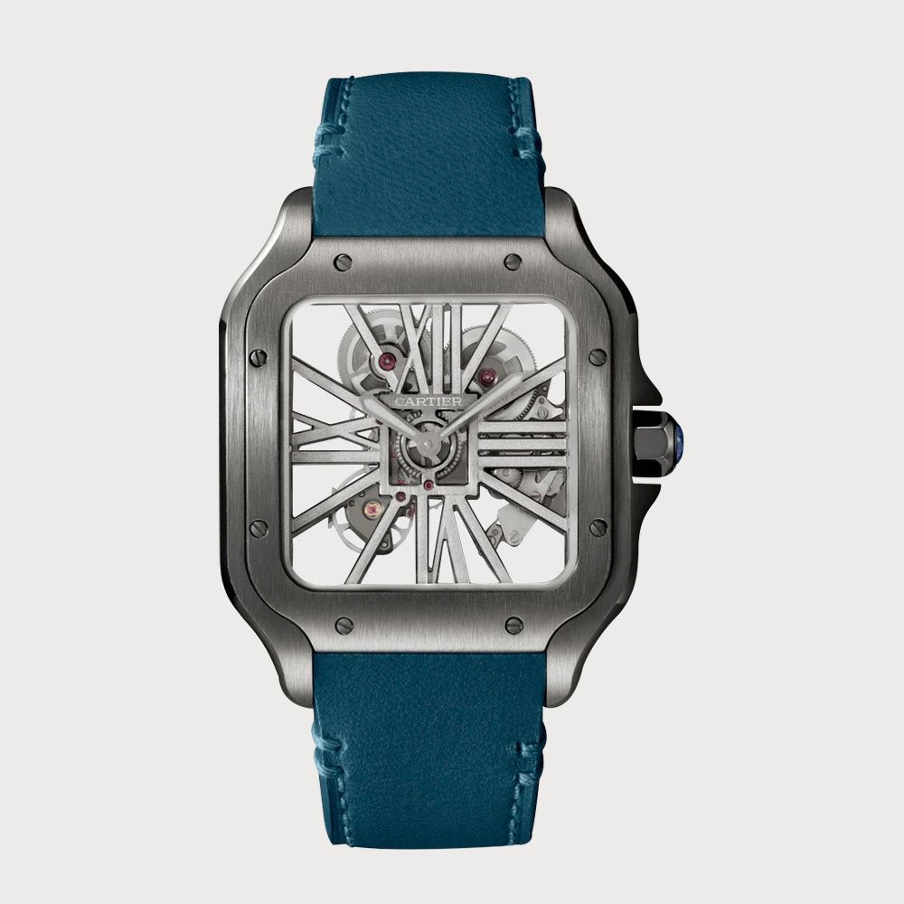 Cartier Santos Skeleton In Stainless Steel With Black Pvd On A Leather Strap