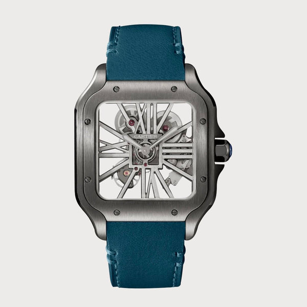 Cartier Santos Skeleton In Stainless Steel With Black Pvd On A Leather Strap