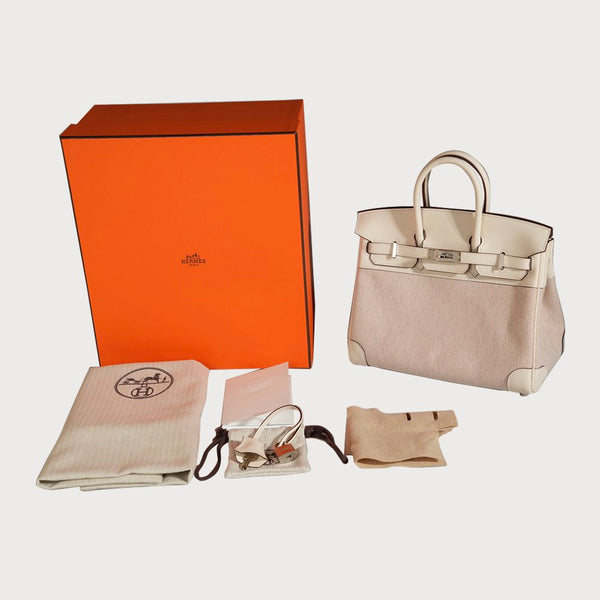 Hermes Birkin 25 Ecru-Beige & Nata With Palladium Hardware In Toile And Swift Leather