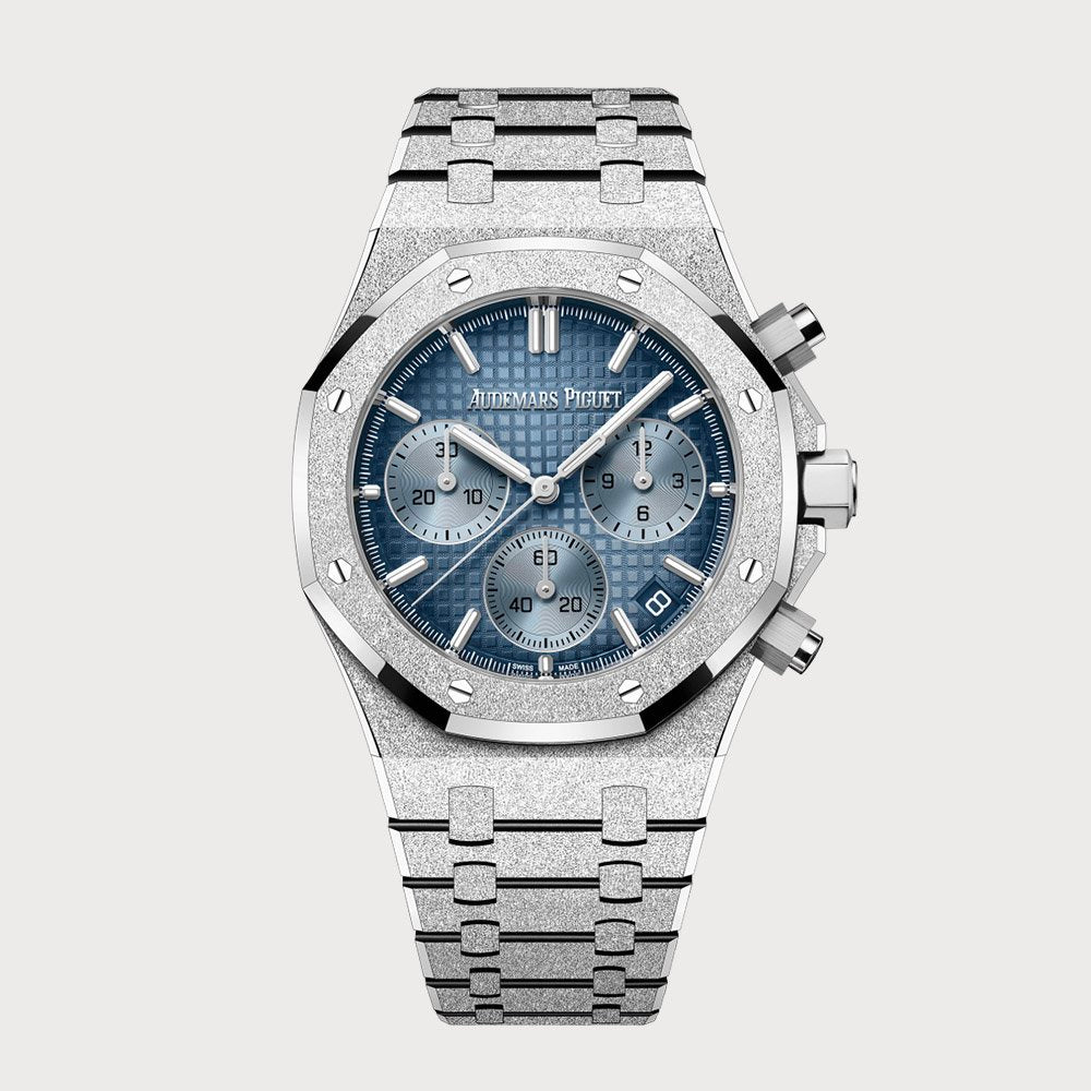 Audemars Piguet Royal Oak 41 Chronograph In Frosted White Gold With A Blue Dial