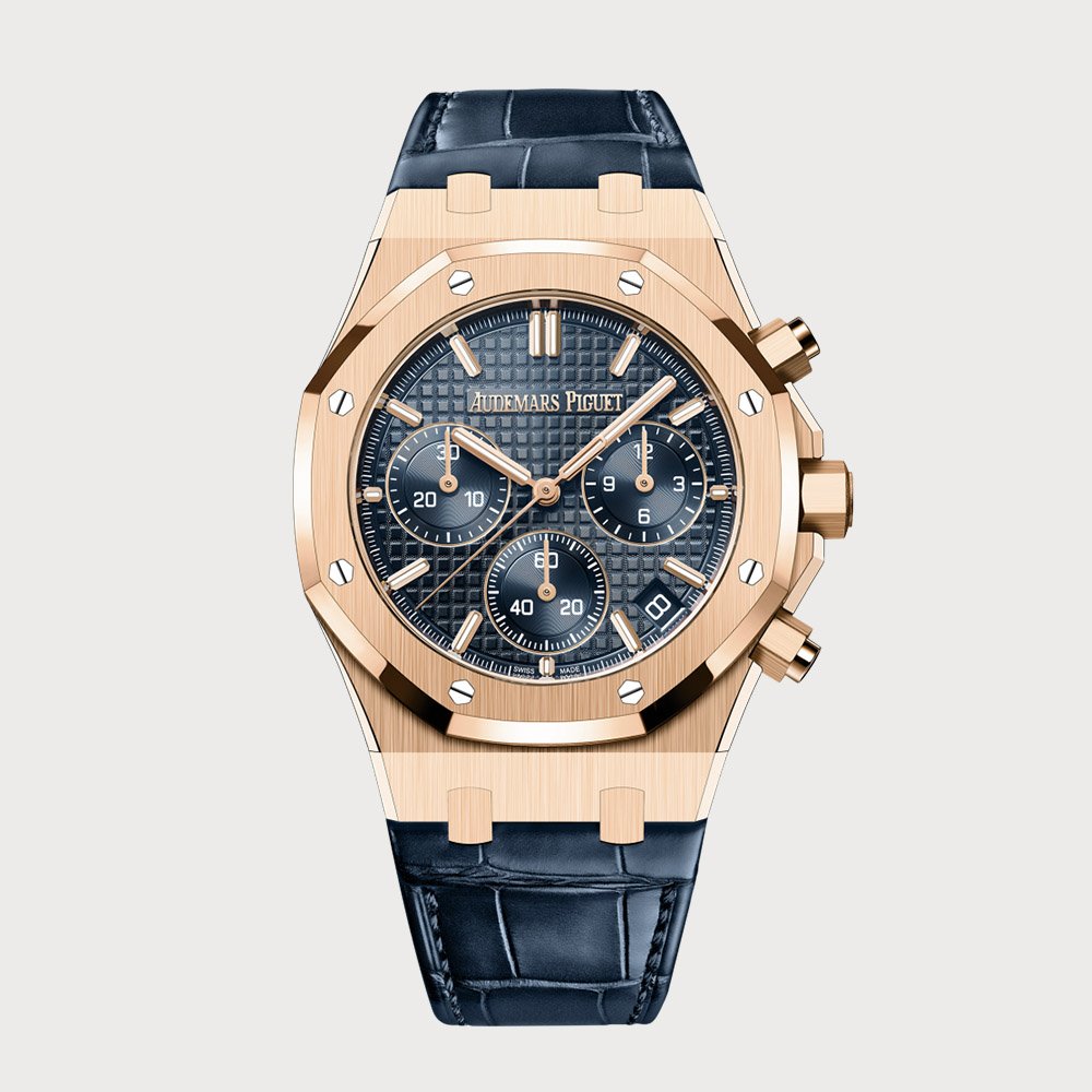 Audemars Piguet Royal Oak 41 Chronograph In Rose Gold With A Blue Dial & Leather Strap