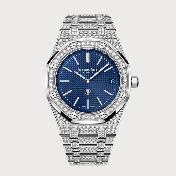 Audemars Piguet Royal Oak 39 Jumbo/ Extra Thin In White Gold Diamond Set With A Blue Dial
