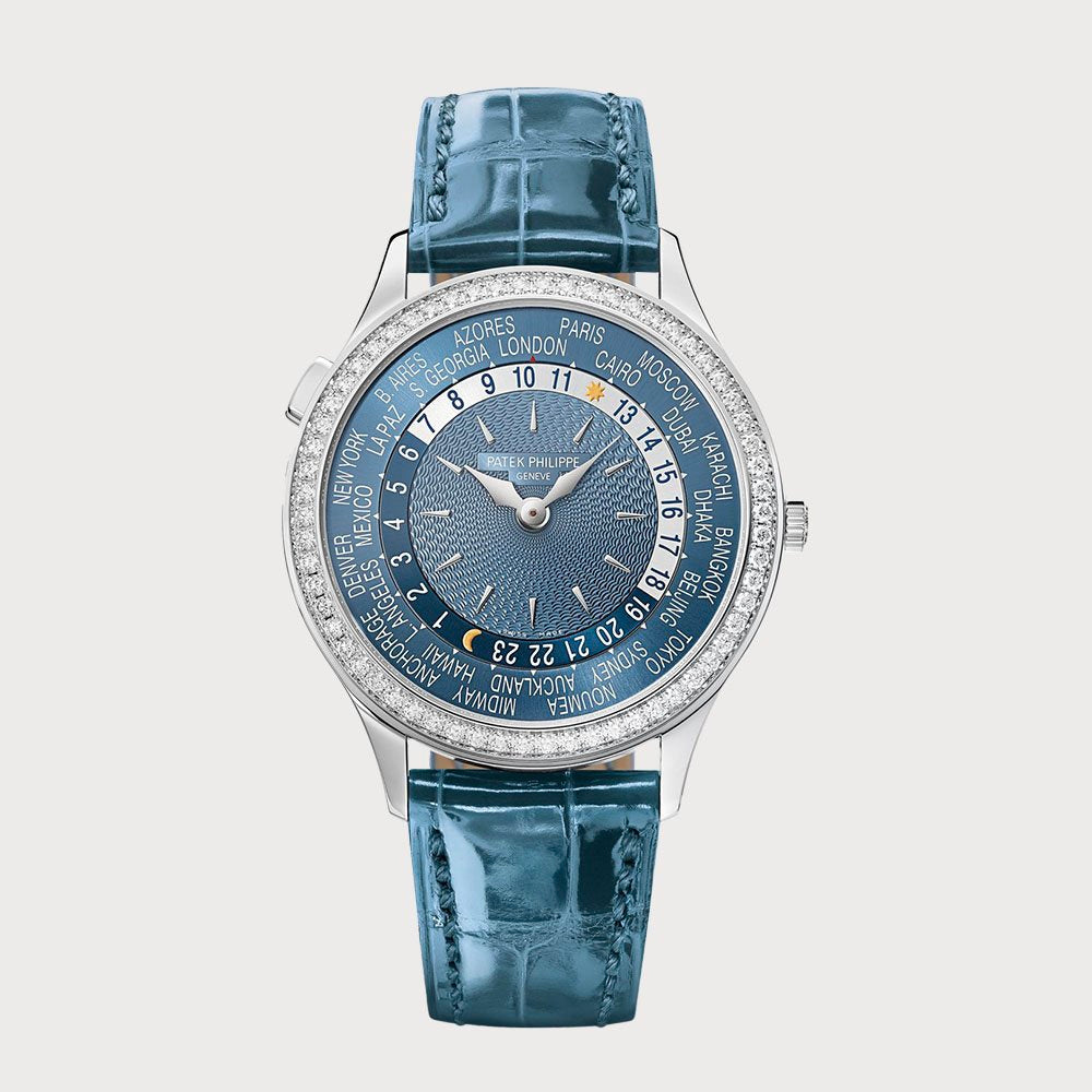 Patek Philippe World Time With Ice Blue Dial And Diamond Set Bezel In White Gold