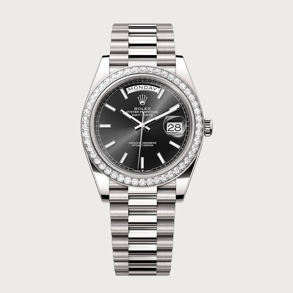 Rolex Day-Date 40 With Sundust Black Dial & Diamond Set Bezel In White Gold