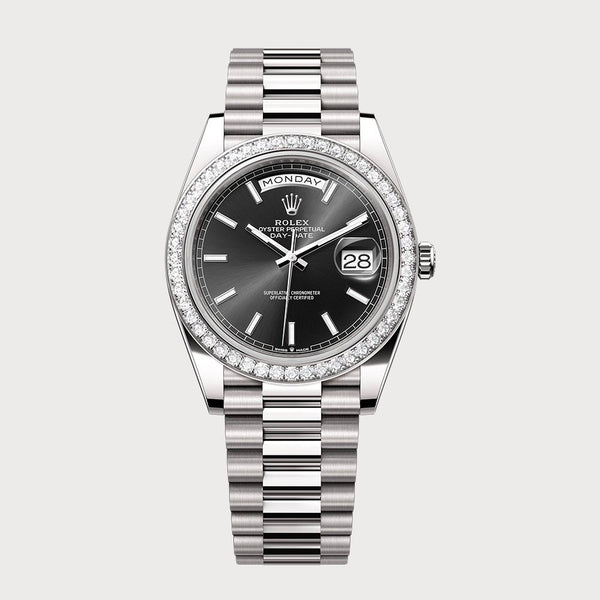 Rolex Day-Date 40 With Sundust Black Dial & Diamond Set Bezel In White Gold