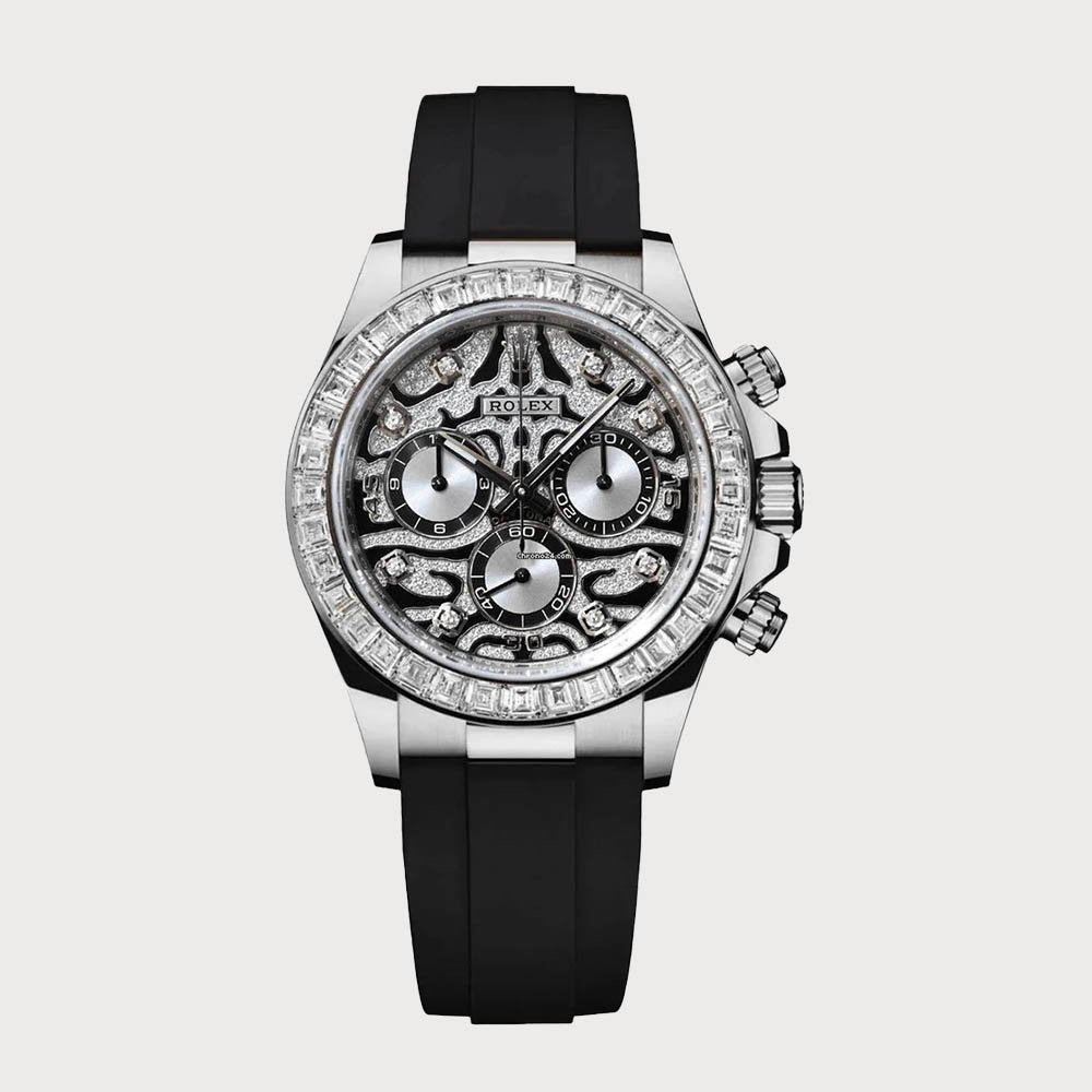 Rolex Daytona Eye Of The Tiger In White Gold With Baguette-Cut Diamond Bezel On Oysterflex