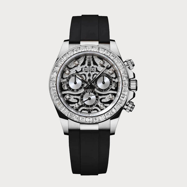 Rolex Daytona Eye Of The Tiger In White Gold With Baguette-Cut Diamond Bezel On Oysterflex