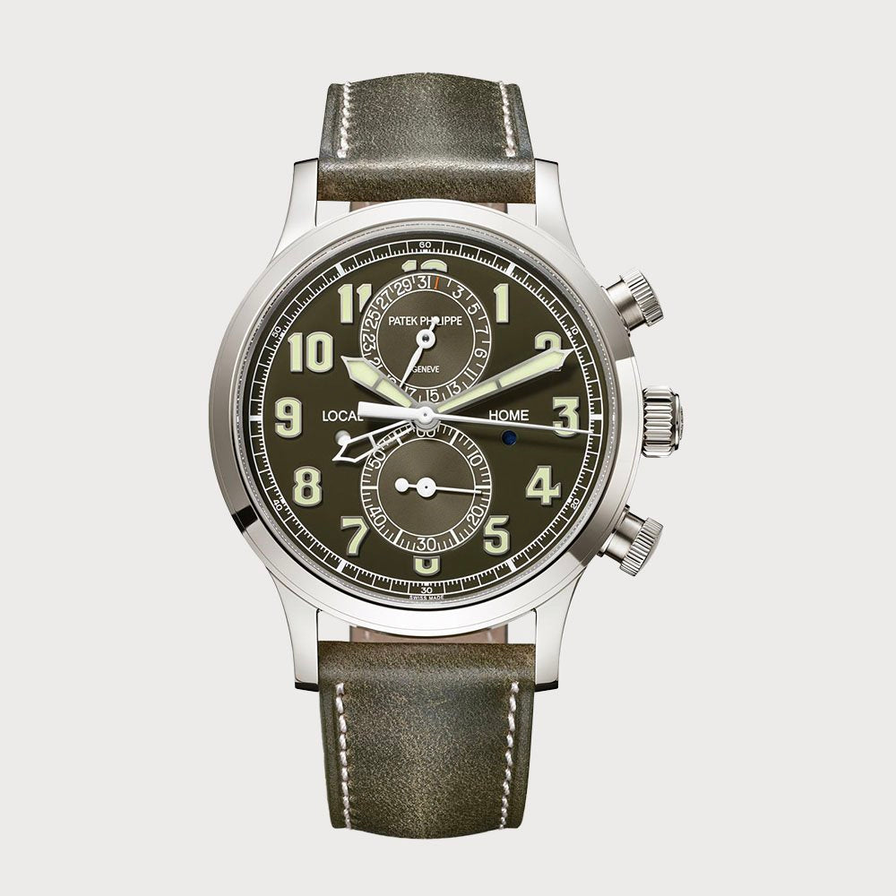 Patek Philippe Calatrava Pilot Travel Time Chronograph With Green Dial In White Gold