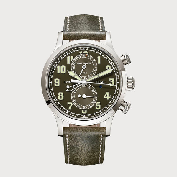 Patek Philippe Calatrava Pilot Travel Time Chronograph With Green Dial In White Gold