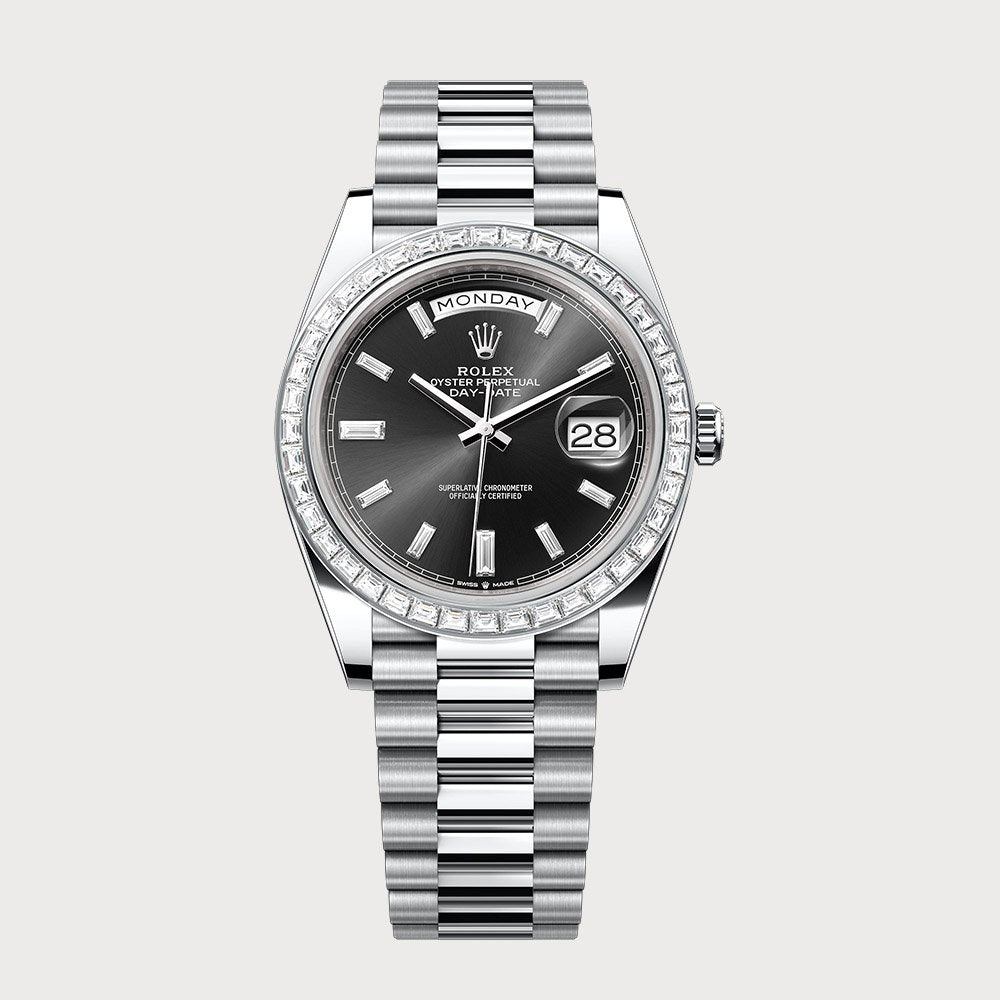 Rolex Day-Date 40 With Sundust Black Baguette Dial & Baguette Diamond Bezel In Platinum