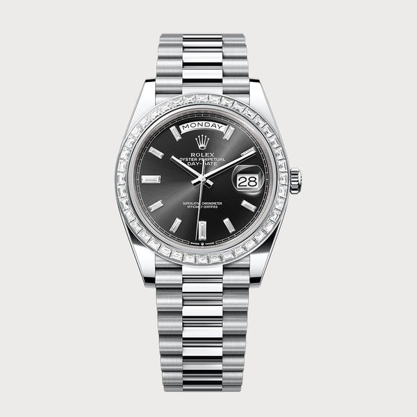 Rolex Day-Date 40 With Sundust Black Baguette Dial & Baguette Diamond Bezel In Platinum