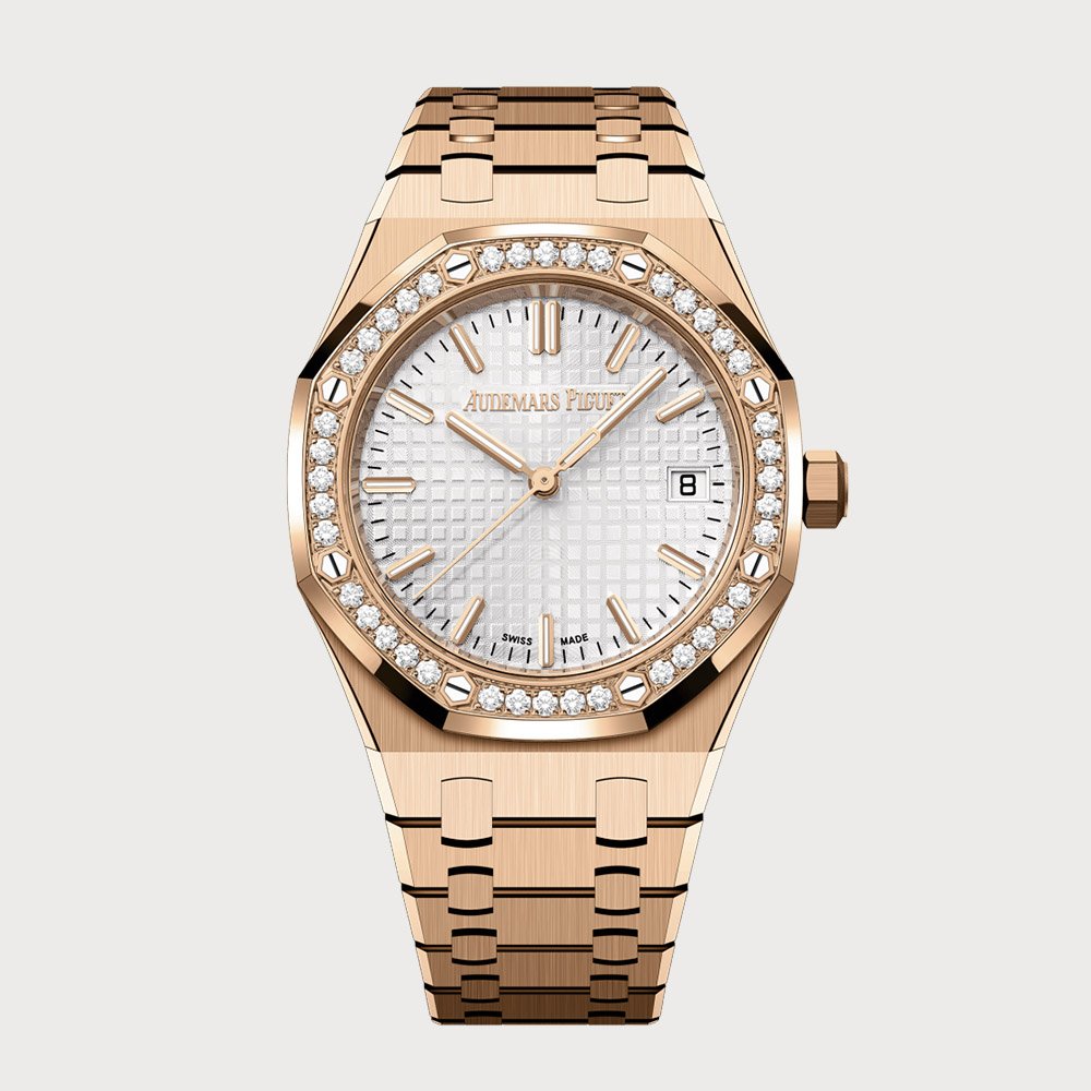Audemars Piguet Royal Oak 34 In Rose Gold With Diamond Set Bezel & White Dial