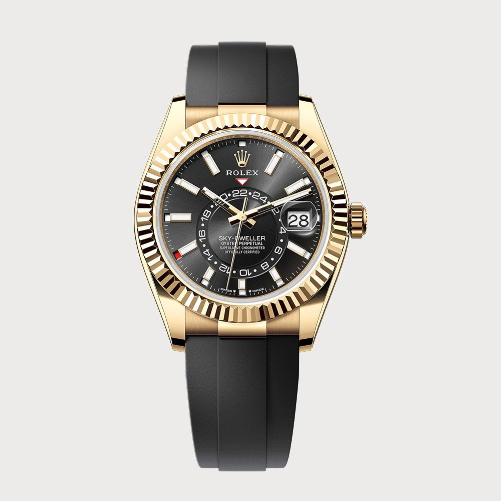 Rolex Sky-Dweller With Black Dial On Oysterflex In Yellow Gold
