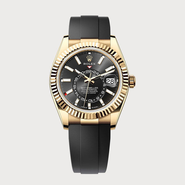 Rolex Sky-Dweller With Black Dial On Oysterflex In Yellow Gold