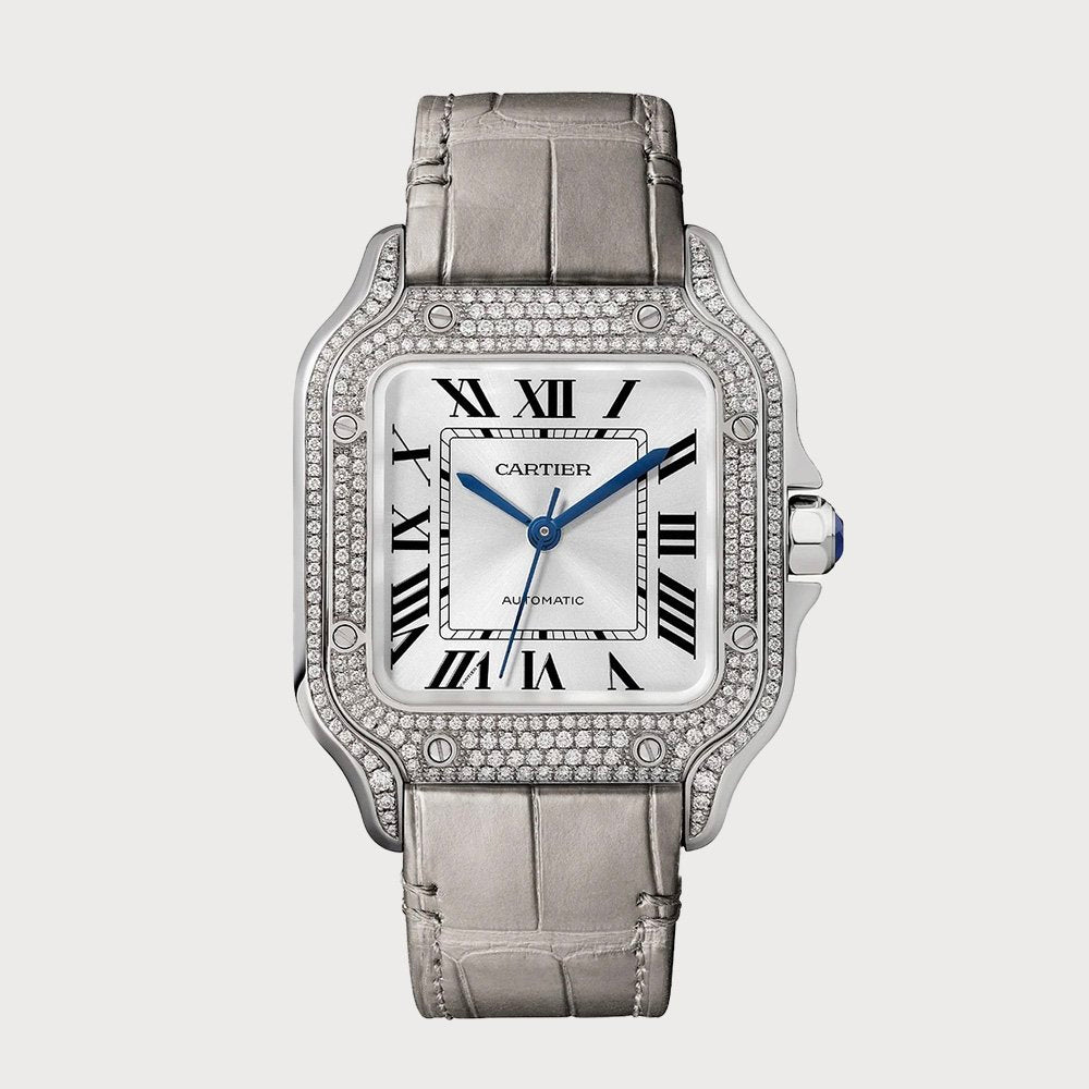 Cartier Santos Medium Diamond Set In White Gold On A Leather Strap
