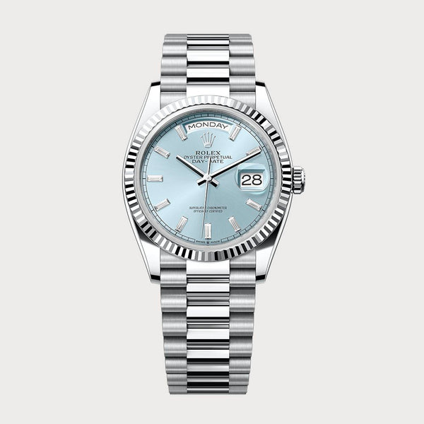 Rolex Day-Date 36 Ice Blue Dial Set With Baguette-Cut Diamonds In Platinum