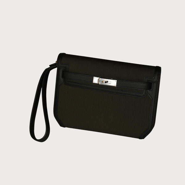 Hermès Hermes Kelly Depeche 25 Tourbe/ Noir With Palladium Hardware In Woolycot And Togo Calfskin