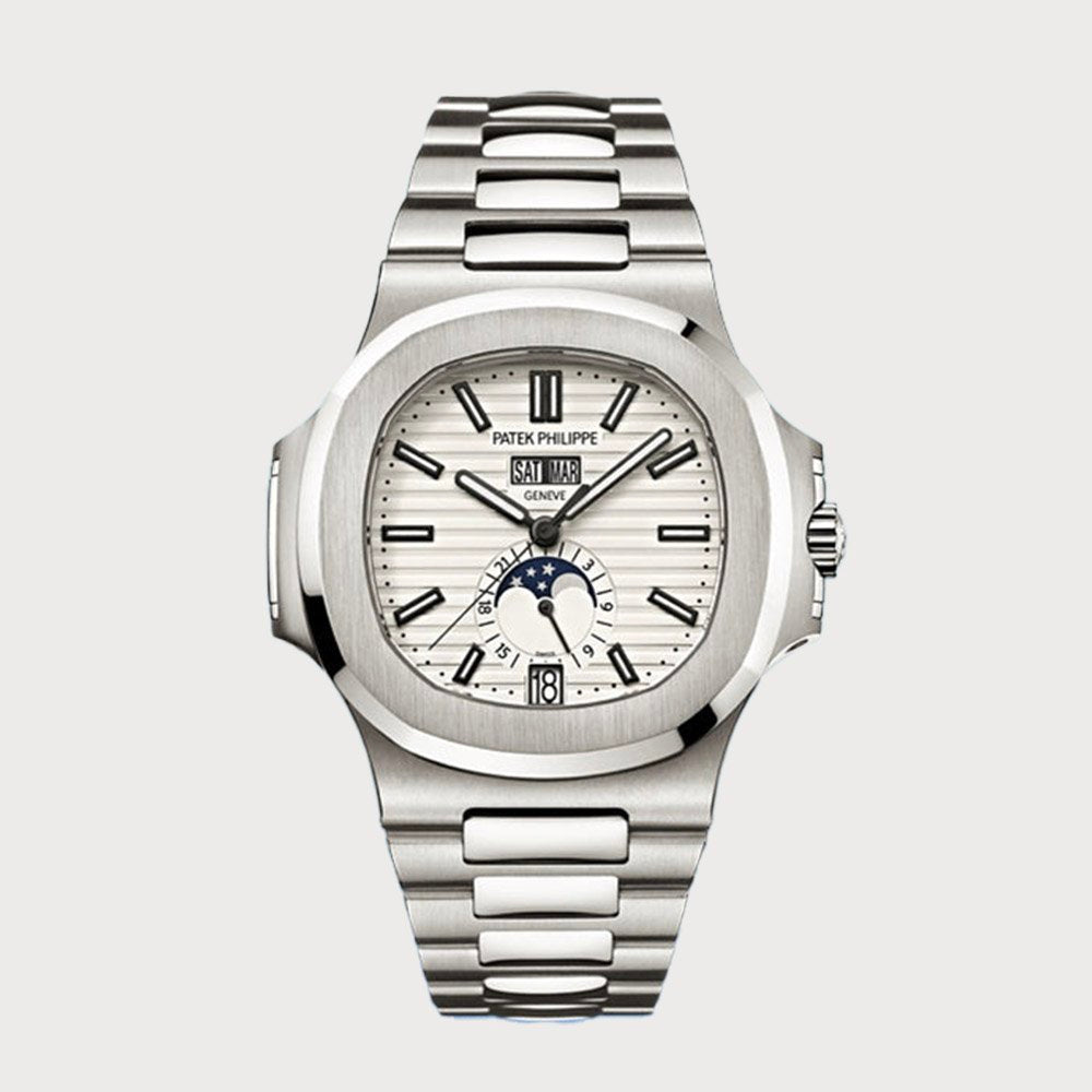 Patek Philippe Nautilus Annual Calendar Moon Phases With White Dial In Stainless Steel