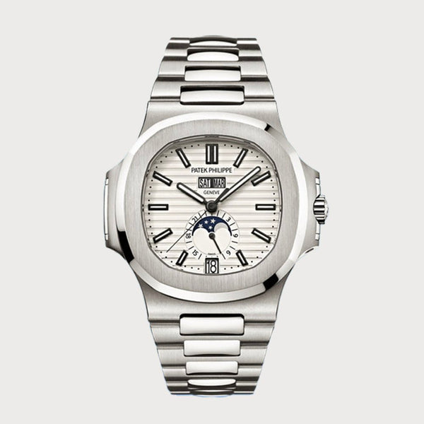 Patek Philippe Nautilus Annual Calendar Moon Phases With White Dial In Stainless Steel