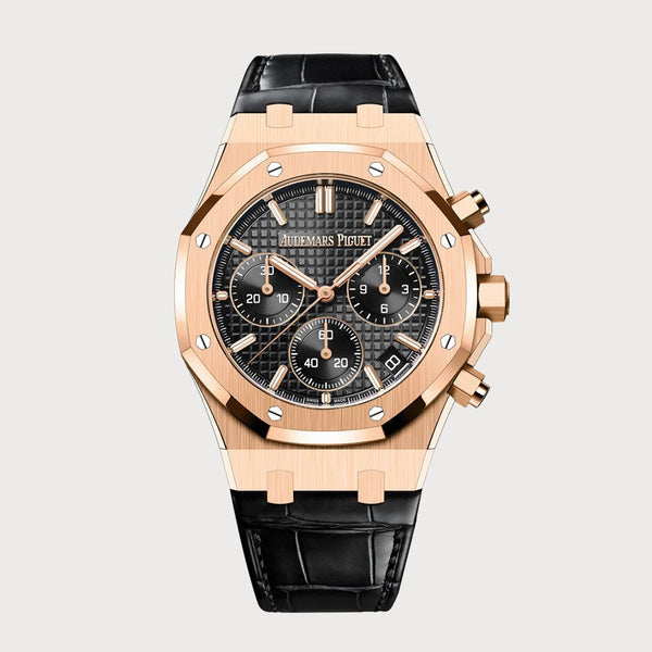 Audemars Piguet Royal Oak 41 Chronograph In Rose Gold With A Black Dial And Leather Strap