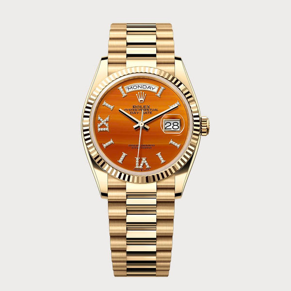 Rolex Day-Date 36 Carnelian Dial Set With Diamonds In Yellow Gold