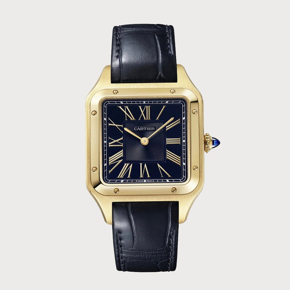 Cartier Santos Dumont Large In Yellow Gold With A Black Dial On A Leather Strap