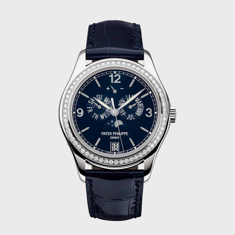 Patek Philippe Annual Calendar Moon Phases Diamond Set In White Gold With Navy Blue Dial