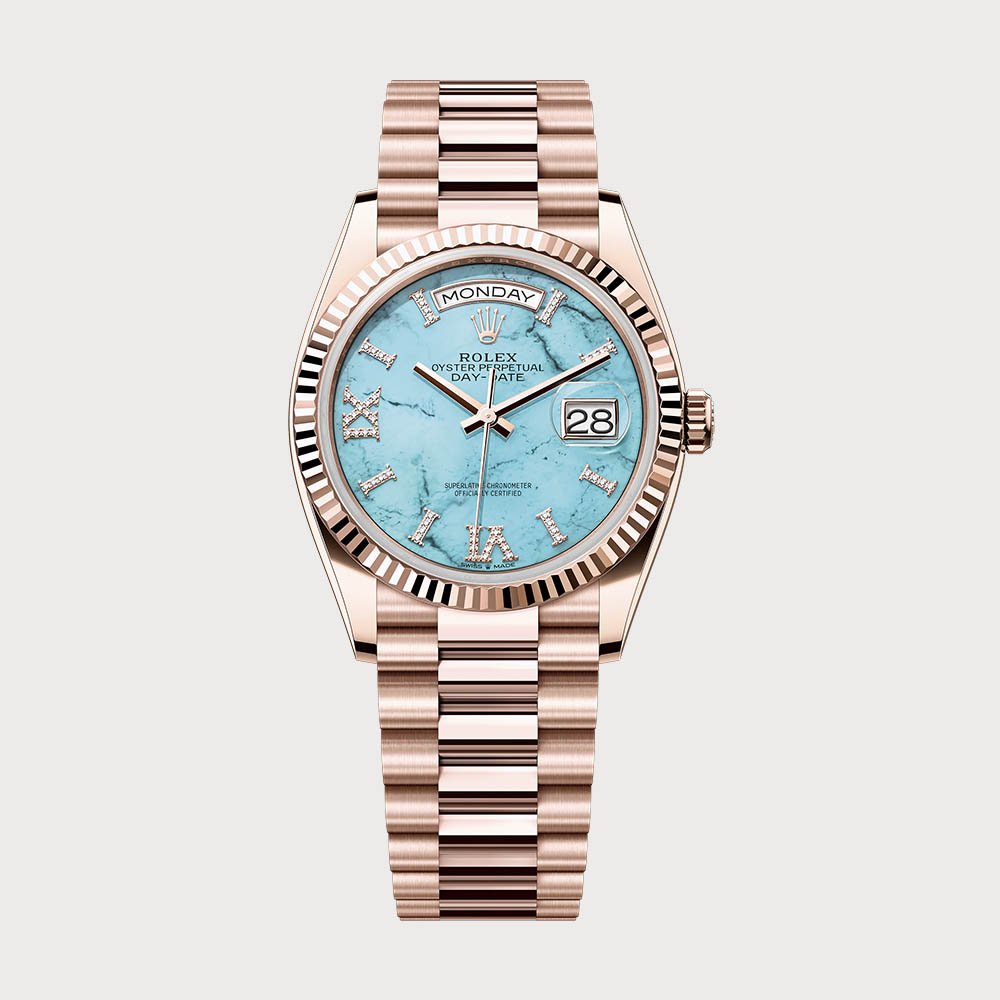 Rolex Day-Date 36 Turquoise Dial Set With Diamonds In Rose Gold