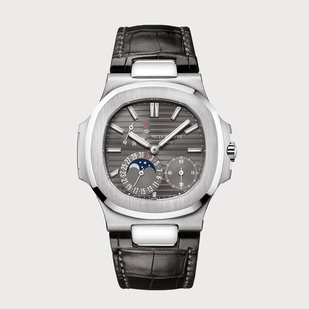 Patek Philippe Nautilus Moon Phases With Grey Dial In White Gold On A Leather Strap