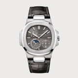Nautilus Moon Phases With Grey Dial In White Gold On A Leather Strap
