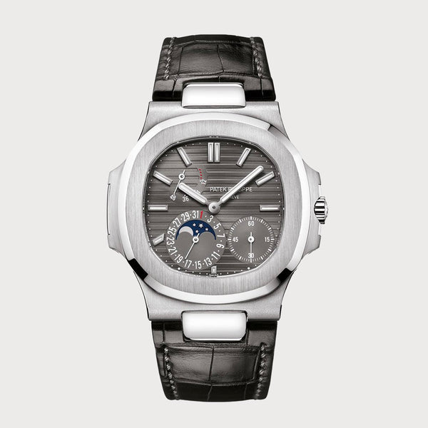 Patek Philippe Nautilus Moon Phases With Grey Dial In White Gold On A Leather Strap